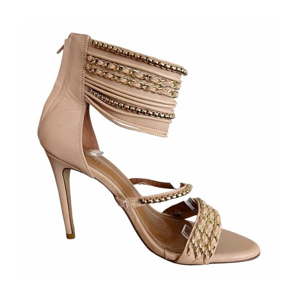 ALVEA Tan Leather Strappy Sandal Chain Stiletto Heels Ankle Strap Zip Closure 8 - Picture 9 of 9